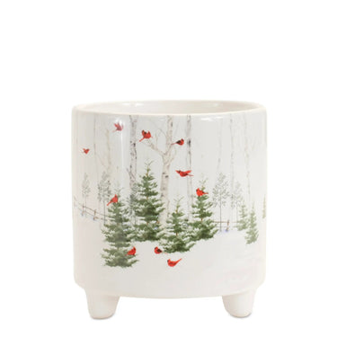 Dolomite Cardinal Pot, small 4.5-inch white ceramic planter with red cardinals in a forest pattern.
