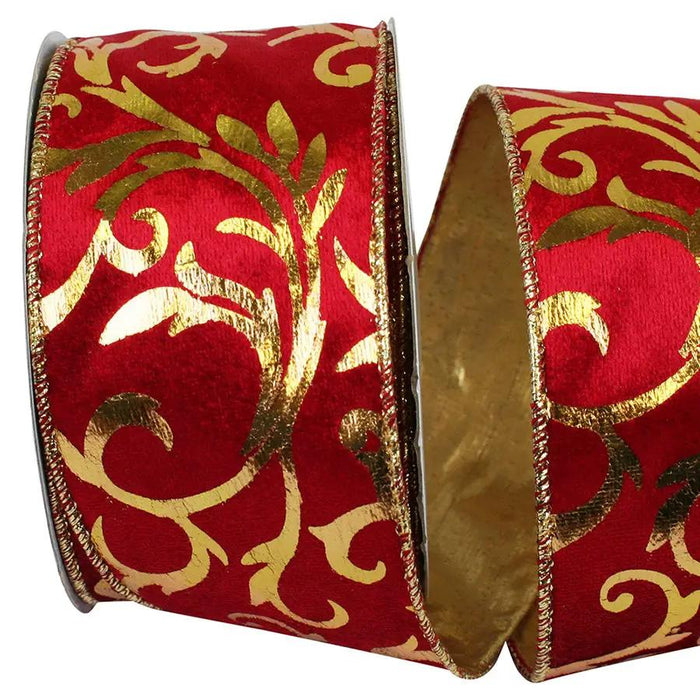Scarlet/Gold Velvet Scroll Wired Ribbon 2.5"W x 10yd
