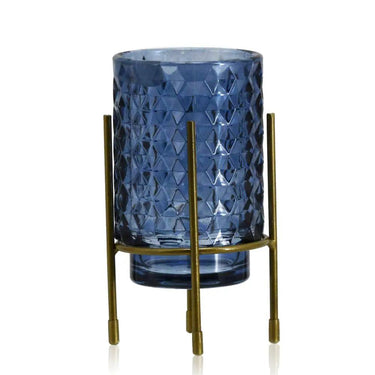 Diamond Star Blue Glass Vase on Stand 3.5"D x 7.1"H - Vases Merchandise