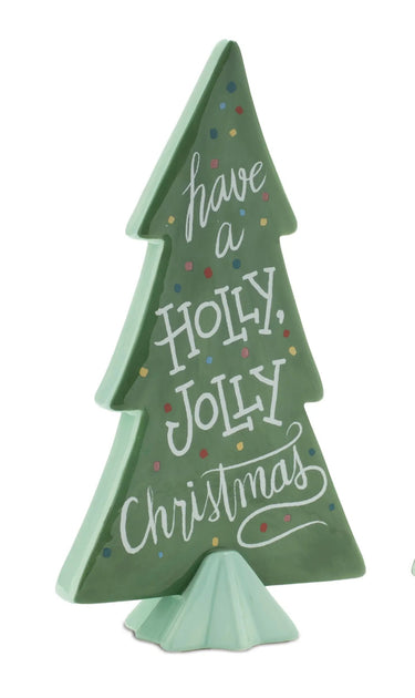 Ceramic Christmas tree by Melrose, large 9-inch green tree with white Have a Holly Jolly Christmas lettering