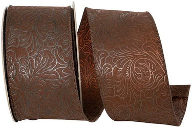 Reliant Leaf Scroll Embossed Wired Edge Ribbon Brown, 2.5"W x 10yd - Uncategorized Ribbon