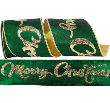 Emerald/Gold Glitter "Merry Christmas" Dupioni Wired Ribbon 4"W x 5yd