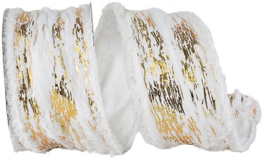 Reliant Furry Snow Cavern Metallic Frizette Wired Edge Ribbon White/Gold 2"W x10yd - Uncategorized Ribbon