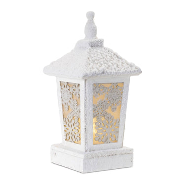 Melrose lit snowy wood lantern with snowflake cutouts, white finish, 14”H (USB)