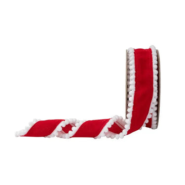 Ribbon La Ribbons red unwired ribbon with white pom-pom edge, 1.5in x 10yd roll