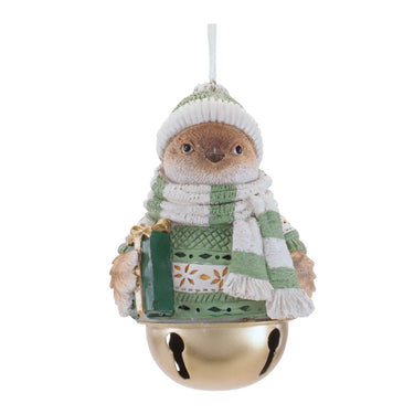 Resin Sage Moose/Bird Ornament by Melrose; green outfit with gold bell base and hanging loop