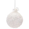 Glass white frosted ornament by Melrose, glittery round holiday decoration with silver hanging string