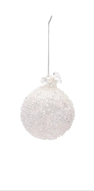 Glass white frosted ornament by Melrose, glittery round holiday decoration with silver hanging string