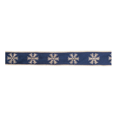 Ribbon Melrose navy and gold snowflake wired polyester, 1.5in x 5yds