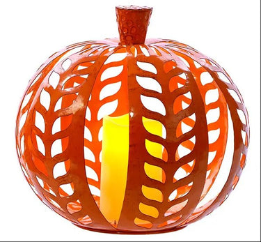 Metal leaf-cutout pumpkin with LED candle, orange metal decor, set of two, 10 in tall by Special T