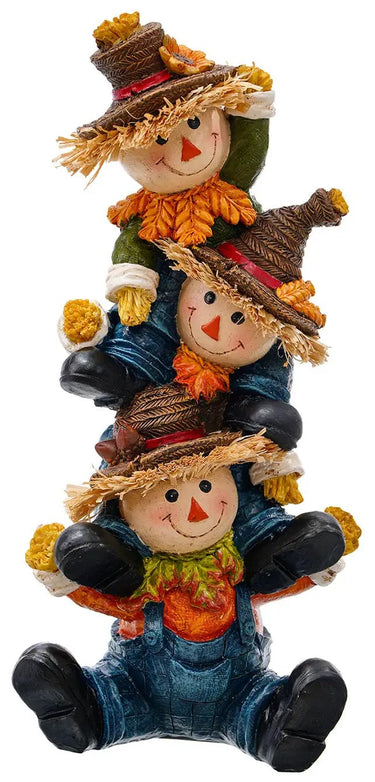 Resin three-tiered stacked scarecrow figurine, multicolor with straw hats, Special T merchandise, 12.25 in tall