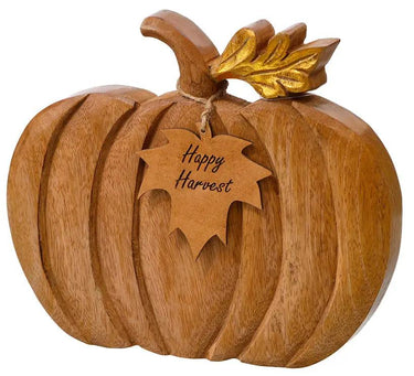 Wood flat pumpkin with tag by Special T; natural wood finish, 8.5 inches tall.
