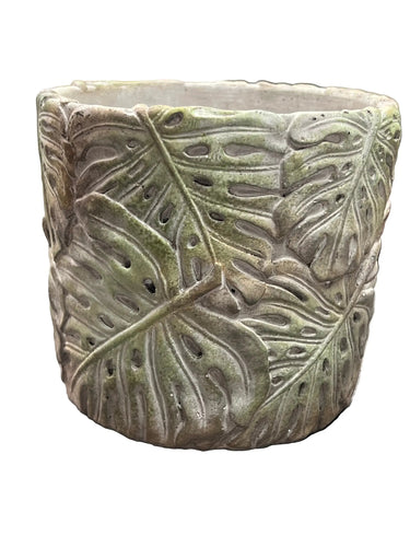 Melrose Cement Pot w/ Monstera Leaves Large 6" x 6.75"" - Planters Merchandise