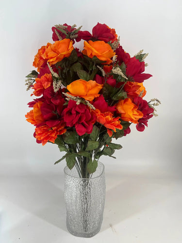 GSC Rose/Hydrangea/Star Flower Mixed Bush Scarlet/Orange 31" - Artificial Flowering Plants Silk