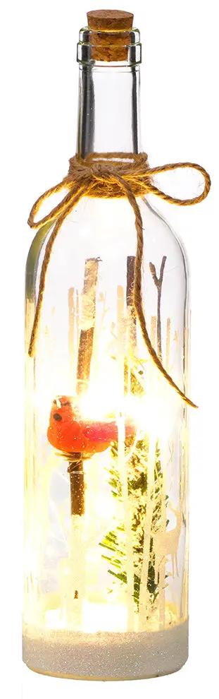 Lit Glass Cardinal Bottle, 12 in tall, illuminated with warm string lights, cork stopper and twine neck