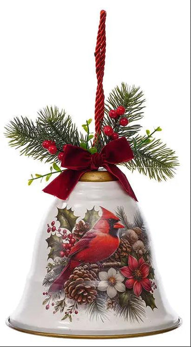 Metal Cardinal Bell with red cardinal, pinecones and holly design, red ribbon, hanging cord.