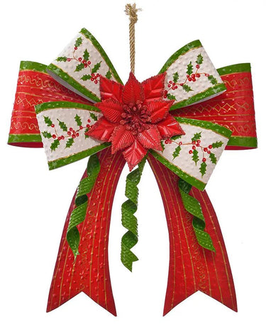 Hanging metal bow with poinsettia; red and white holly-printed panels, green trim, 17 inches tall, Special T merchandise