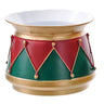 Metal nutcracker drum container with red and green panels, gold trim and rope accents.