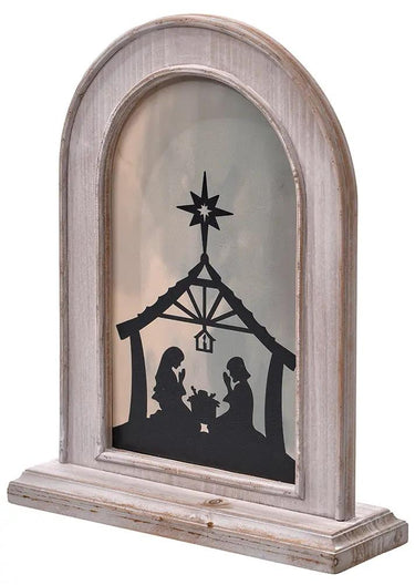 Wood Nativity Arch 14H, Special T merchandise in distressed whitewash finish with silhouette nativity scene.