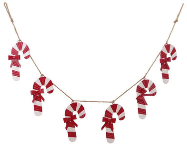 Metal candy cane garland on jute cord with 7 red-and-white striped canes and red bows