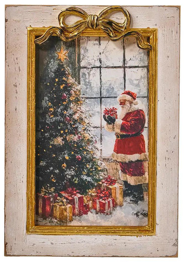 Wood Santa with Tree wall art by Special T, distressed white wood frame with gold trim, 11.5 x 16.5 inches