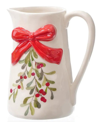 Ceramic Leaf/Berry/Bow Pitcher 7.75H, white with red bow and holly leaves/berries, Special T merchandise
