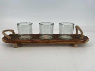 Kalalou Three Glass Candle Holders on Wood Base 18.5”L - Candle Holders Merchandise