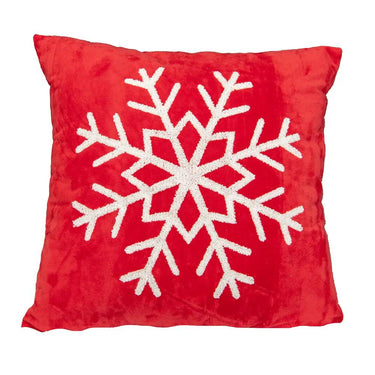 Velvet 3D Embroidered Snowflake Pillow, red with white embroidery, 18x18 inches