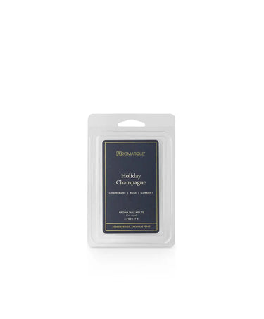 Holiday Champagne wax melt by Aromatique; navy label packaging, 2.7 oz