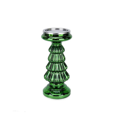 Green glass Christmas tree candle holder by Diamond Star, 4.5" diameter x 10" tall.