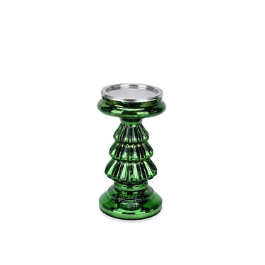 Green glass Christmas tree candle holder by Diamond Star, 4.5D x 8H.