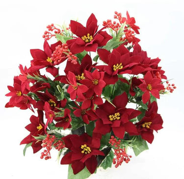 GSC Poinsettia w/ Berries Mixed Bush Burgundy 20" - Artificial Flowering Plants Silk