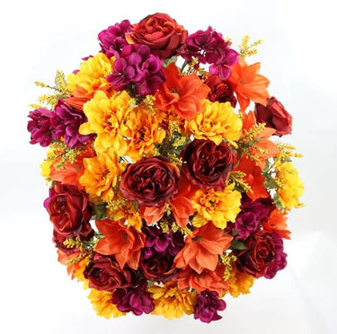 GSC silk artificial bouquet with large red, magenta and orange roses and yellow blooms, 31 inches