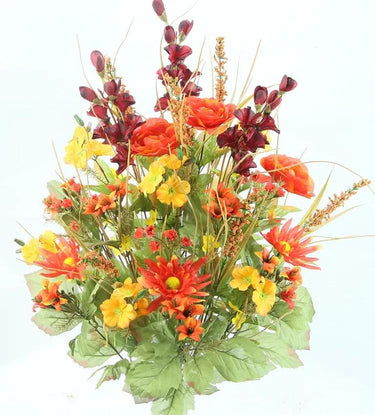 GSC Silk Orange-Plum-Gold Mixed Bush artificial flower arrangement with yellow blooms and green leaves