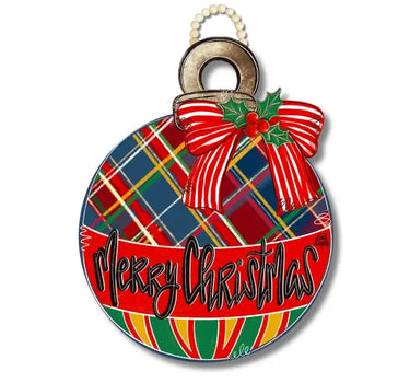 Plaid Bulb Holiday Door Hanger by DK Designs; circular art with red bow, holly, Merry Christmas banner.