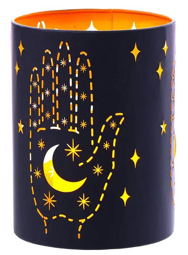 Metal Tarot Hand Candle Holder, 8 in tall, dark navy exterior with orange interior and moon-star cutouts.
