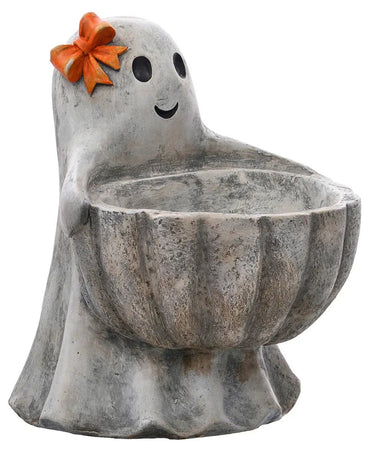 Resin ghost statue with bowl, gray stone finish, 18.5-in-tall