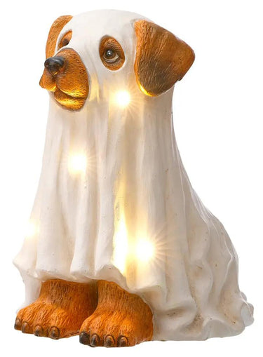 Resin LED Ghost Dog Figurine 12.5H by Special T, white statue with warm LED lights