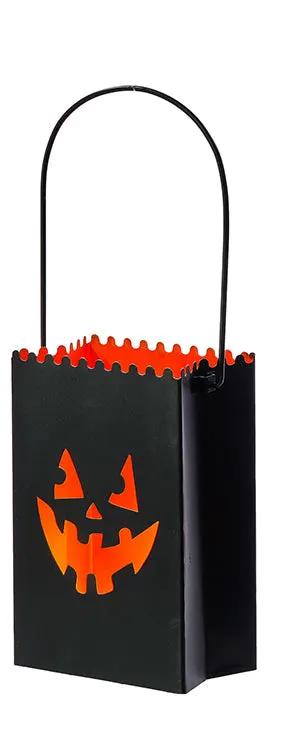 Metal jack-o-lantern container with handle; black body with orange pumpkin face cutouts.
