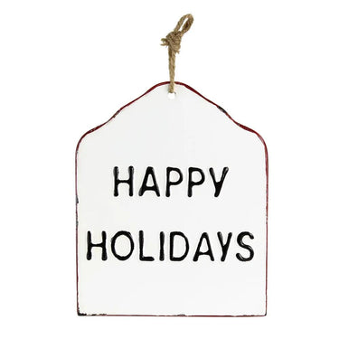 Hang tag sign, iron finish, reads Happy Holidays on white, with jute string