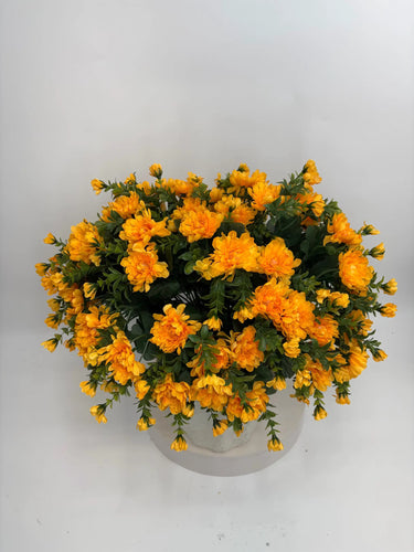 GSC Mandarin Yellow Mum hanging basket with 2 bushy artificial flowering plants