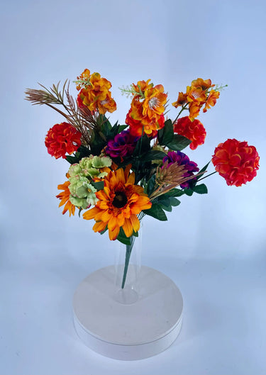 GSC silk artificial shrub bouquet, 25-inch, with red, gold and magenta daisies, dahlias and hydrangeas in a vase.