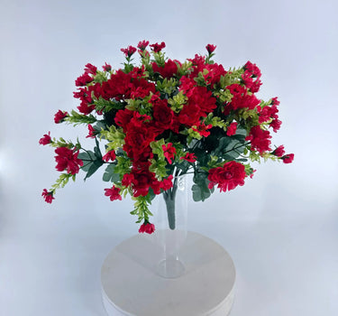 Mum Bush Mandarin Red silk bouquet 15.5in by GSC with red blooms and green foliage in a glass vase