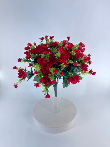 Mum Bush Mandarin Red silk bouquet 15.5in by GSC with red blooms and green foliage in a glass vase