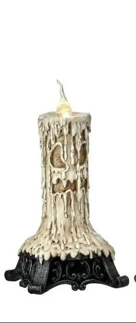 LED Ghost Battery Candle Holder with Timer, 2 sizes, cream dripping wax on tall and short holders with black bases