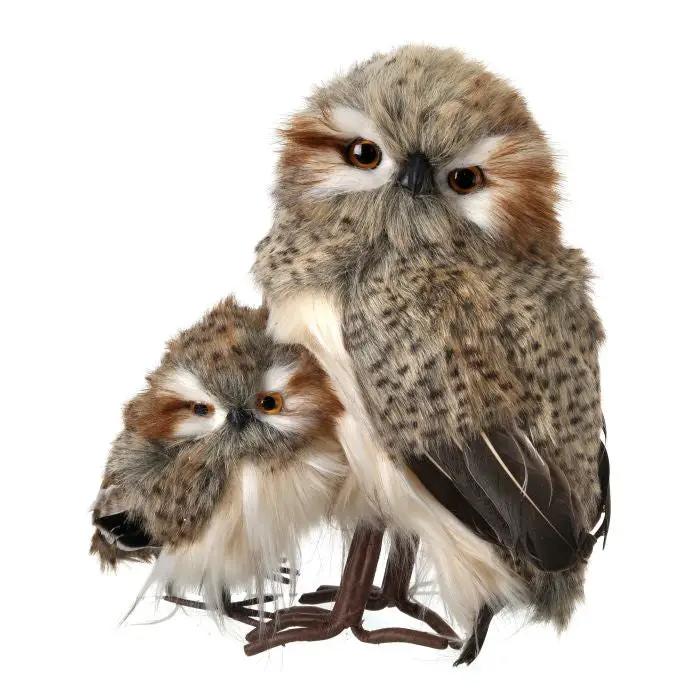 Standing Speckled Hoot Owl with Baby 10.5"