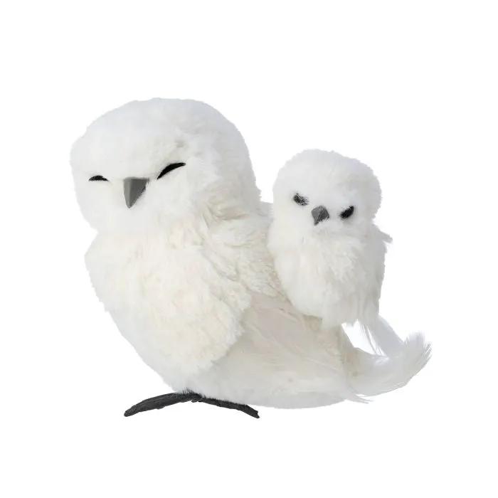 Feather Winter Owl with Baby 6.5"