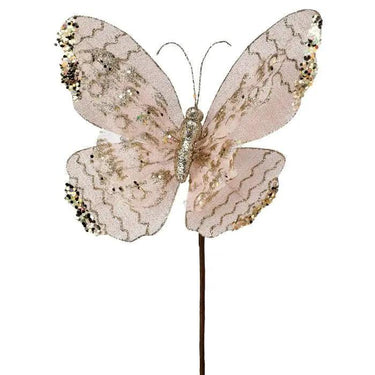 Regency Blush Sheer Organza/Sequin Butterfly Stem 17" - Seasonal & Holiday Decorations Silk