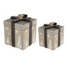 Wood decorative present box set (2 sizes) by A&B; rustic wood with white trees/snowflakes, brown leather straps