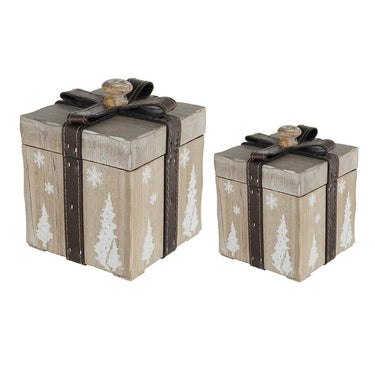 Wood decorative present box set (2 sizes) by A&B; rustic wood with white trees/snowflakes, brown leather straps